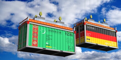 Shipping containers with flags of Turkmenistan and Germany - 3D illustration