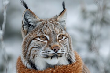 A majestic wildcat, with piercing eyes and snow-covered fur, gazes into the wintry landscape, its fierce whiskers framing its powerful bobcat features