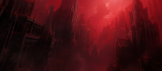 3D rendering abstract fantasy other planet city in an eerie red light scene background. AI generated