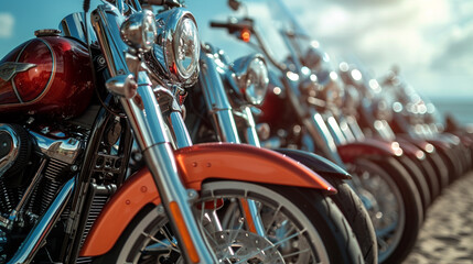 A group of motorcycles lined up at a beachfront, their chrome details sparkling under the summer...