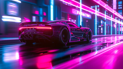 A high-speed sports car blurring past a neon-lit city, the epitome of speed and elegance. 