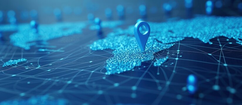 Fototapeta Digital blue pin marks location on blue world map. 3D rendering. AI generated image