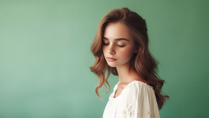 Fototapeta premium Beautiful young woman in white dress on green background