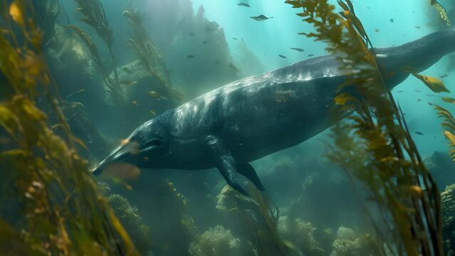 A Tylosaurus with a sleek bulletshaped body navigating through a kelp forest with ease as schools of fish dart around it.