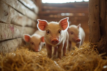 A herd of domestic pigs stands in an outdoor pen, their snouts rooting through hay and straw, showcasing the beauty and simplicity of farm life and the bond between humans and animals