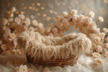 Newborn digital backdrop. Moses basket, fur nest, featherbed, fluffy bed, Composite, photo props.