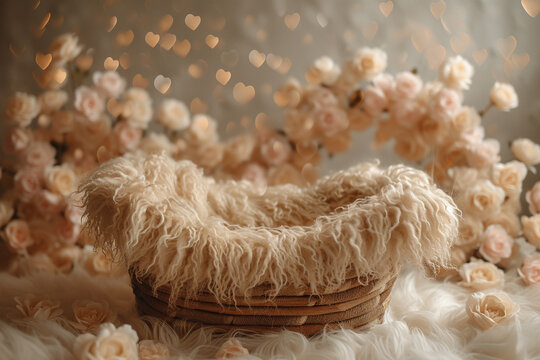 Newborn digital backdrop. Moses basket, fur nest, featherbed, fluffy bed, Composite, photo props.
