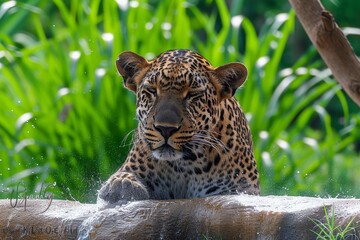 A majestic african leopard gracefully stands in a serene body of water, surrounded by lush green grass, embodying the wild and untamed beauty of a terrestrial big cat