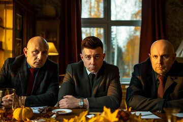 Three determined Caucasian businessman exhibit a stern demeanor during a tense autumn meeting. In a room adorned with fall decor, focused Caucasian men in business suits engage in critical discussion