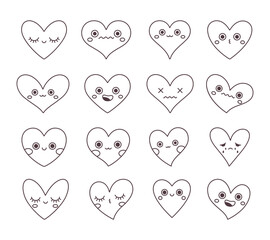 Trendy cartoon heart characters. Outline hearts, coloring book. Valentines day. Vector illustration