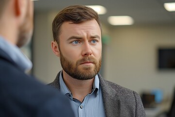 Caucasian businessman with a contemplative gaze stands in an office setting, pondering his next business move. serious young Caucasian man in business attire focuses intently