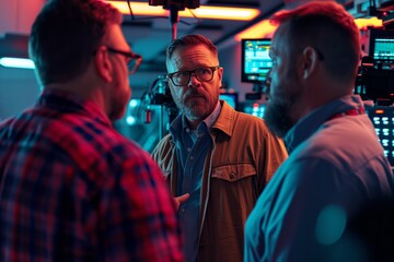 Obraz premium In high-tech control room, group of Caucasian men in casual business wear engages in urgent technical discussion. Focused Caucasian professionals in control room, discussing critical data reflected