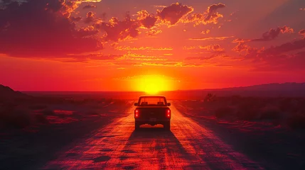 Fotobehang A pickup truck on a deserted road, framed by the breathtaking beauty of a desert sunset.  © AI By Ibraheem