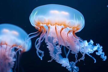 An ethereal display of bioluminescent jellyfish gracefully glide through the dark depths of the aquarium, showcasing the delicate beauty of these marine invertebrates
