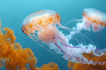 Fototapeta premium A bioluminescent cnidarian gracefully glides through the depths of the ocean, its translucent body illuminating the surrounding water as it feeds on tiny zooplankton