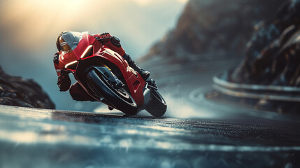 A racing bike leaning into a sharp corner on a mountain pass, a moment of pure adrenaline and...