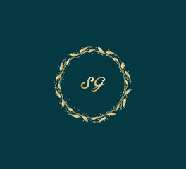 Handwritten golden SG getters logo with a minimalist design. letter SG logo manual elegant minimalist signature logotype. SG letter consist of intertwined elements into circle.