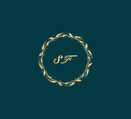 Handwritten golden SF getters logo with a minimalist design. letter SF logo manual elegant minimalist signature logotype. SF letter consist of intertwined elements into circle.