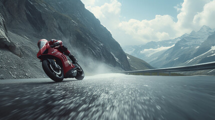 A racing bike leaning into a sharp corner on a mountain pass, a moment of pure adrenaline and...