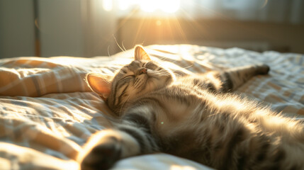 Siberian cat sleeping on bed at home, closeup view