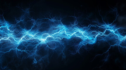 Blue electric lightning on black background, abstract energy and electricity concept.