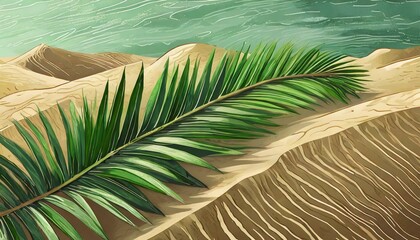 Top View On A Green Palm Leafs Lie On Desert. Palm Sunday.  - obrazy, fototapety, plakaty