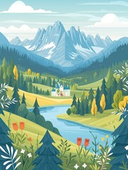 River and mountains with a little castle in flat typography design illustration.