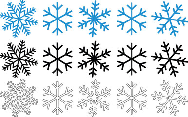 Naklejka na ściany i meble Snowflake winter icon set of black and blue isolated silhouette on transparent background. Flat or line snow vectors, nice element for Christmas banner, cards. New year ornament for app or web design.