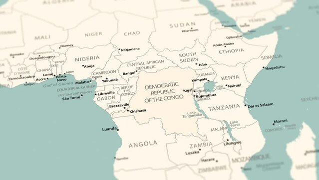 Democratic Republic of the Congo on the world map. Smooth map rotation. 4K animation.