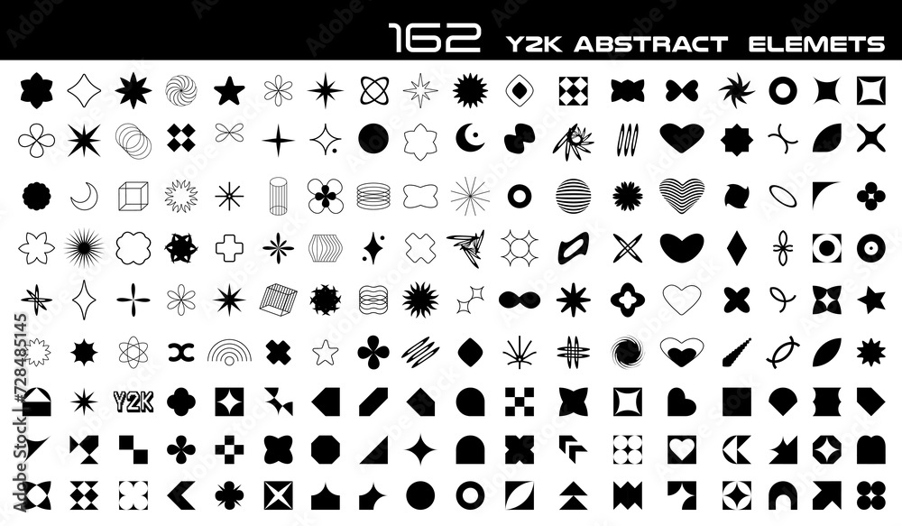 Poster Y2K vector abstract shapes brutalist icon. Big set of different aesthetic graphic isolated elements. Flat vector illustration isolated on transpаrent background.