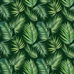 Seamless pattern Palm coconut leaves, watercolor painting. Jungle leaf, Tropical green plant for dark wallpaper, textile