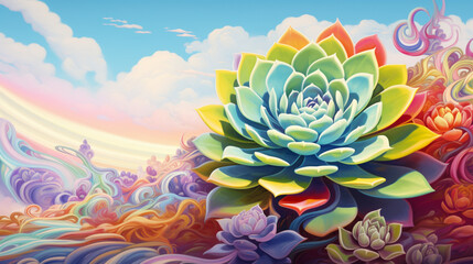 Fototapeta na wymiar A surreal depiction of a succulent plant, its leaves morphing into whimsical shapes and patterns, with vibrant hues blending into each other