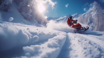 A snowmobile carving through pristine snow in a winter wonderland, the thrill of exploring...