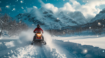 A snowmobile carving through pristine snow in a winter wonderland, the thrill of exploring...