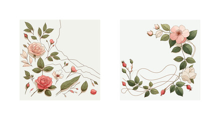 
An elegant designer frame with roses, buds, and rosehips, executed in vector style, on a white background, with empty space for text. Ideal for crafts, cards, greetings, and backgrounds for posts
