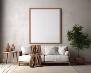 Bungalow Style Furniture Room Mockup, Empty Poster Frame Mockup, 3D Render Interior Mockup