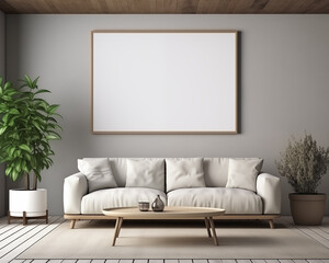 Bungalow Style Furniture Room Mockup, Empty Poster Frame Mockup, 3D Render Interior Mockup