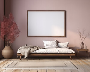 Bungalow Style Furniture Room Mockup, Empty Poster Frame Mockup, 3D Render Interior Mockup