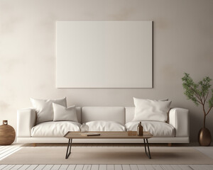Contemporary Style Furniture Room Mockup, Empty Poster Frame Mockup, 3D Render Interior Mockup