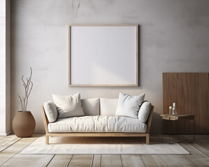Contemporary Style Furniture Room Mockup, Empty Poster Frame Mockup, 3D Render Interior Mockup