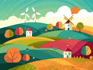 Illustration of wind trubines in flat design in the country.