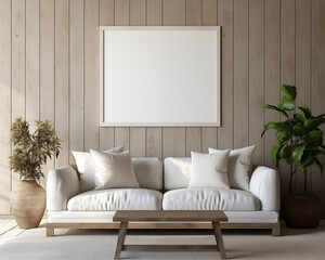 Contemporary Style Furniture Room Mockup, Empty Poster Frame Mockup, 3D Interior Render