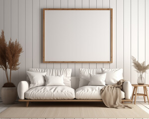 Contemporary Style Furniture Room Mockup, Empty Poster Frame Mockup, 3D Interior Render