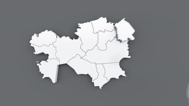 Animated map of Kazakhstan, white map on gray background.