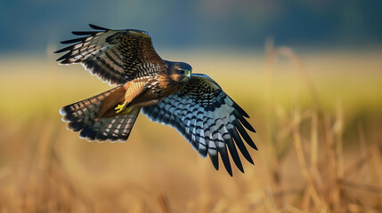 Fototapeta premium wallpaper of a harrier hawk flying with hay fields in the background, with empty copy space