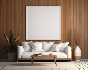Craftsman Style Furniture Room Mockup, Empty Poster Frame Mockup, 3D Render Interior Mockup