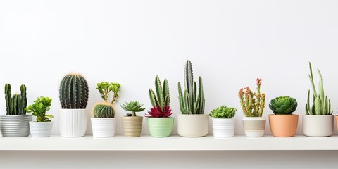 Assortment of cacti and succulents displayed in different pots on a white shelf.