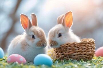 Fototapeta na wymiar Amidst the vibrant easter decorations, two adorable bunnies snuggle in a cozy basket, surrounded by colorful eggs, showcasing the beauty of domestic rabbits and the joy of springtime