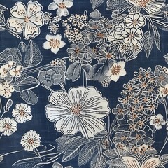 embroidery fabric of flower on dark blue denim color