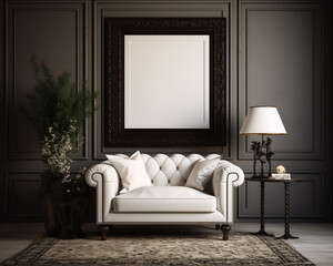 Georgian Style Furniture Room Mockup, Empty Poster Frame Mockup, 3D Render Interior Mockup